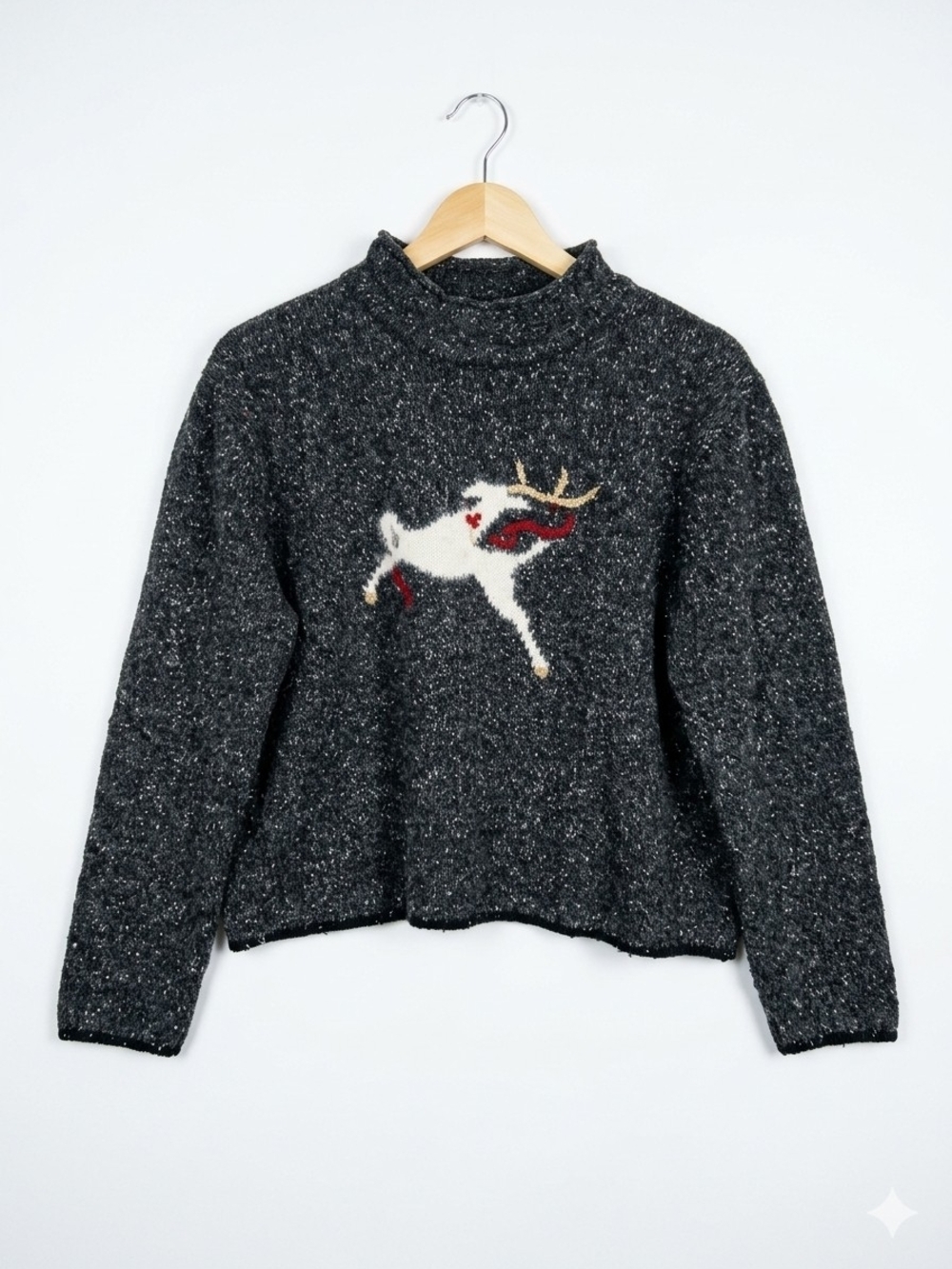 Liz Claiborne Charcoal Turtleneck Sweater with White Reindeer Motif